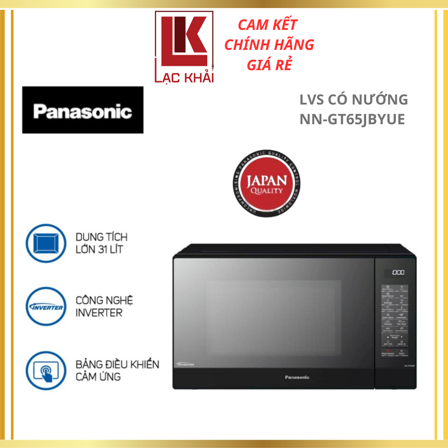 Lò vi sóng có nướng Panasonic NN-GT65JBYUE - Dung tích lớn 31L, 19 thực đơn tự động, Công suất 1000W, Bảng điền khiển điện tử tiếng Việt, Inverter tiết kiệm điện - Hàng chính hãng - Bảo hành chính hãng 12 tháng