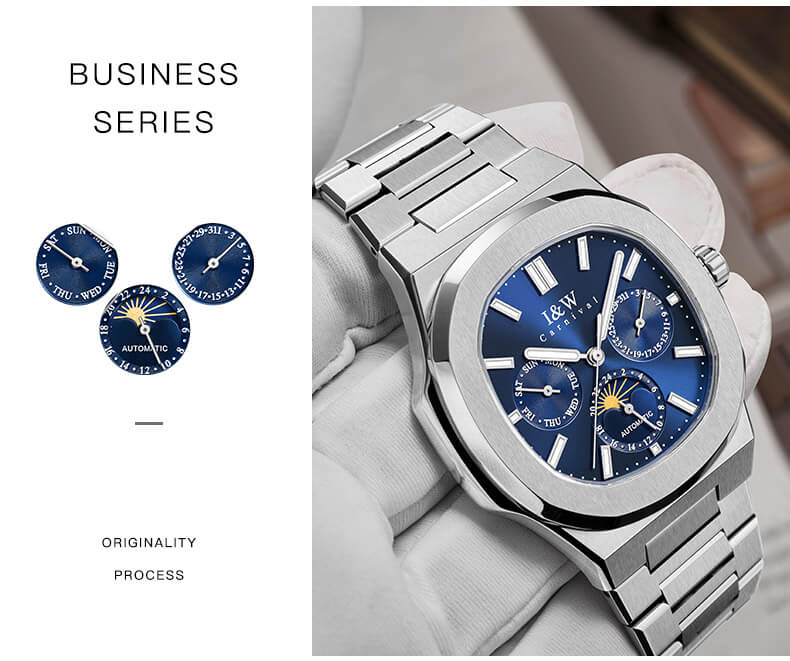 Đồng hồ nam chính hãng I&W CARNIVAL 55886G-1 mặt xanh navy size mặt 42mm,kính sapphire ,chống nước 50m,dây thép không gỉ