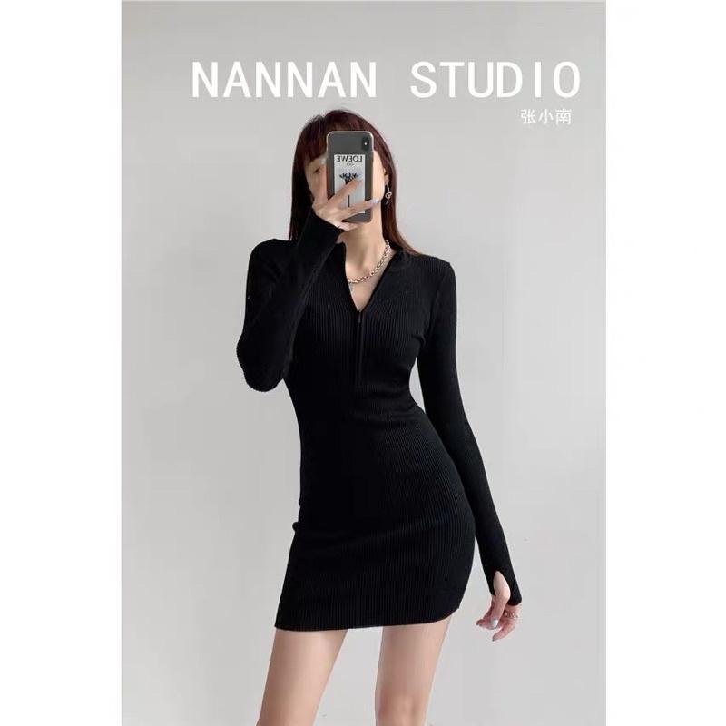 Váy Body khoá kéo cổ tay dài chất bo gân nhiều màu trendy