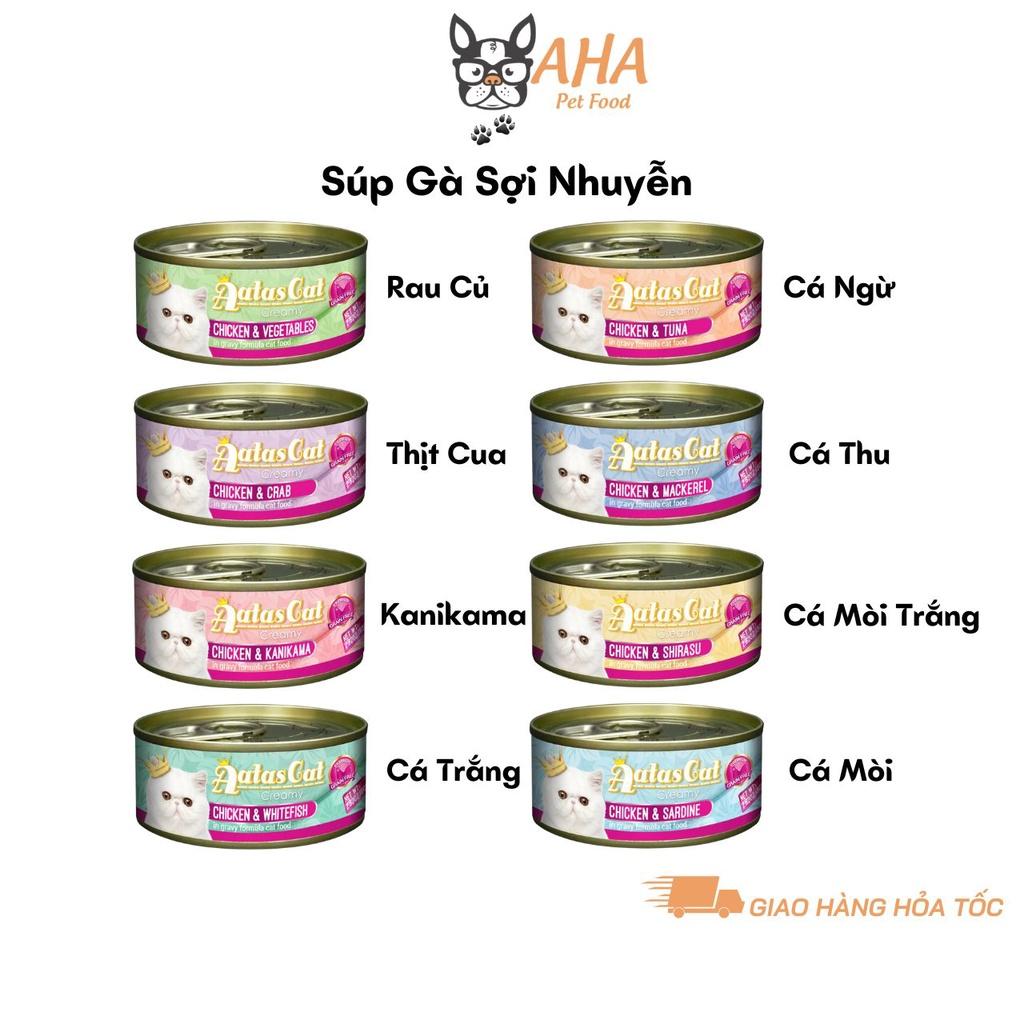 Pate mèo dạng súp gà sợi nhuyễn mix 8 vị - 1 Thúng 24 lon pate thức ăn ướt cho mèo Aatas Cat nhập khẩu Thái Lan