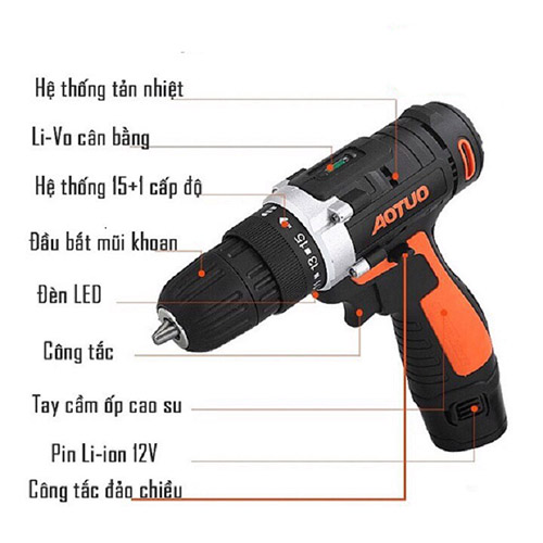 Máy khoan bắn vít Aotuo 12V kèm 2 Pin và Bộ 20 Mũi vít