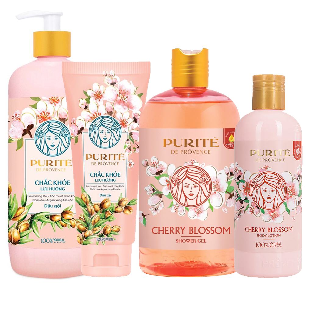 Combo Tắm Gội và Dưỡng da Purite De Provence Hoa Anh Đào và Hoa Hồng