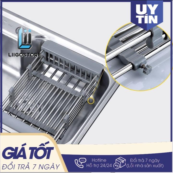 Rổ inox rút gọn 909, Khay inox kéo rút gác bồn rửa chén bát tiện dụng