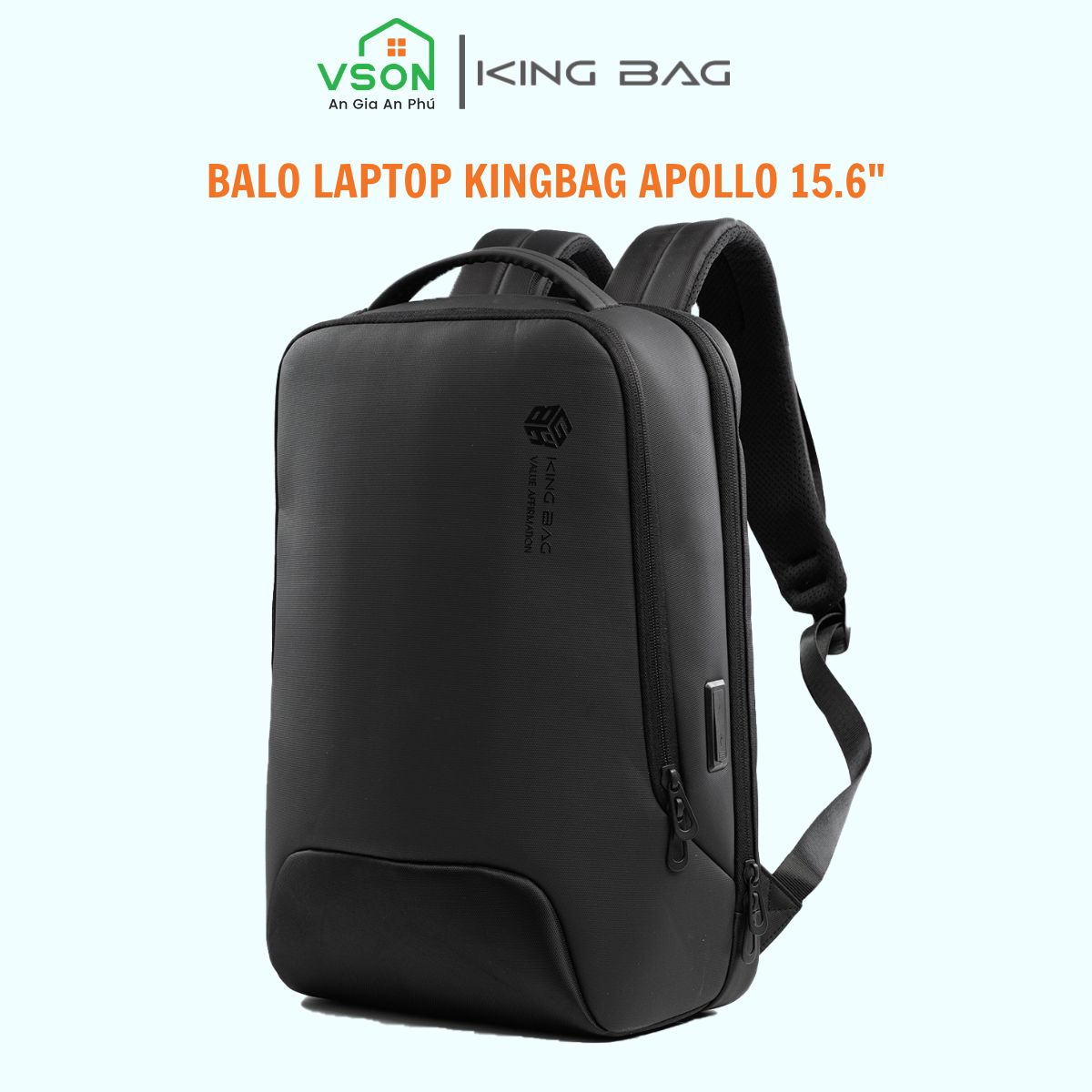 Balo laptop 15” KINGBAG APOLLO thời trang, tích hợp cổng USB đa dụng, ngăn phụ lót chống thấm, màu đen - Hàng chính hãng