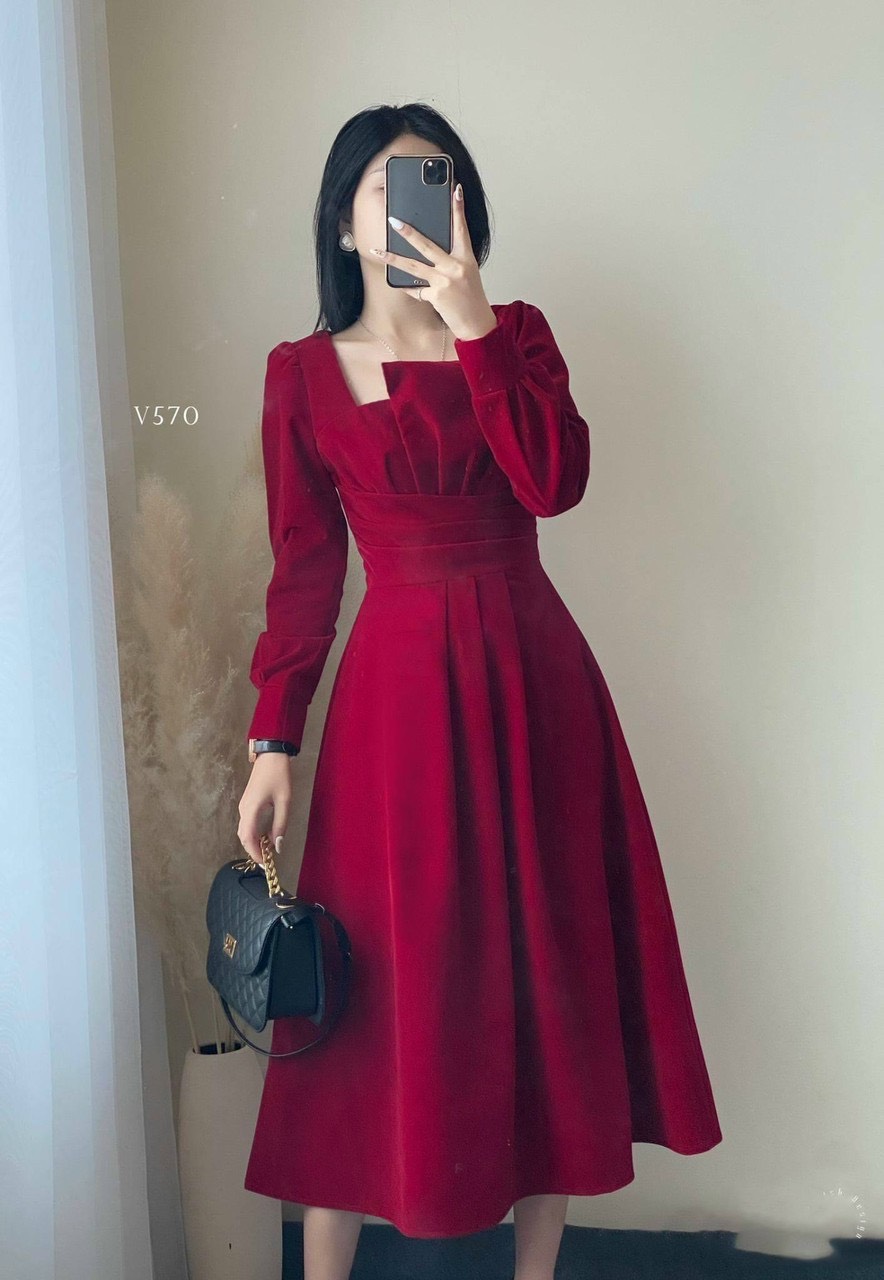Đầm tay dài cổ tầng 2 màu