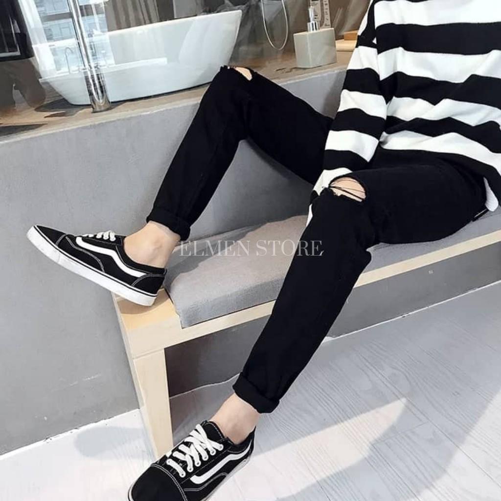 Quần jeans đen rách 2 gối