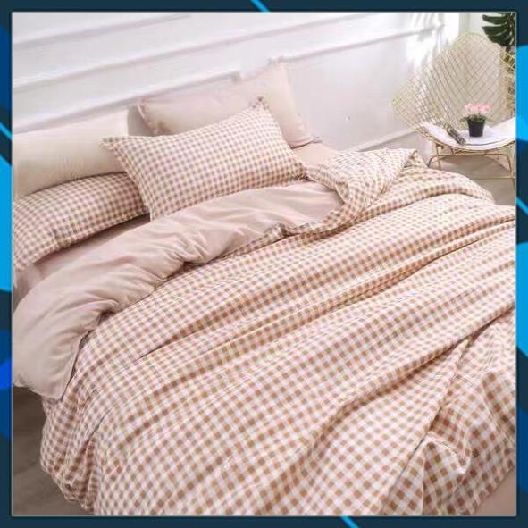 Bộ chăn ga gối Cotton poly Bedding grap Caro nâu be, vỏ chăn mền, drap nệm và 2 vỏ gối
