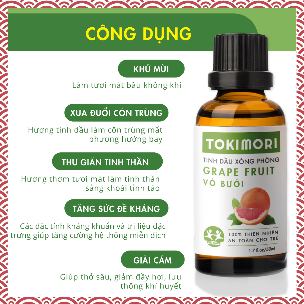 Tinh Dầu Vỏ Bưởi TOKI MORI Xuất Khẩu Nhật Bản 100% Thiên Nhiên, An Toàn Cho Trẻ, Xông Phòng, Khử Mùi, Kháng Khuẩn, Đuổi Muỗi, Giải Cảm