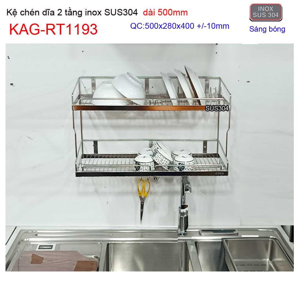 Kệ đựng chén bát inox SUS304, kệ úp chén dĩa 2 tầng inox 304 dài 50cm KAG-RT1193