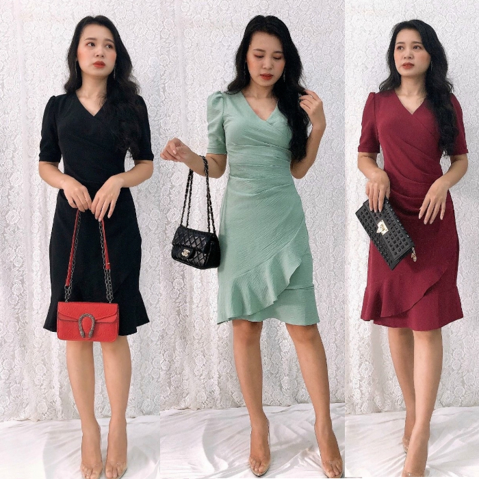 Đầm ôm cổ đắp chéo, xếp ly eo, bèo lai tôn dáng S&amp;M GR195- Hình thật do shop chụp