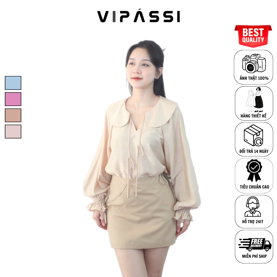 VIPÁSSI Áo Sơ Mi Nữ Cổ Sen Dây Thắt Nơ Dài Tay Phồng Bo Chun Linen Tơ