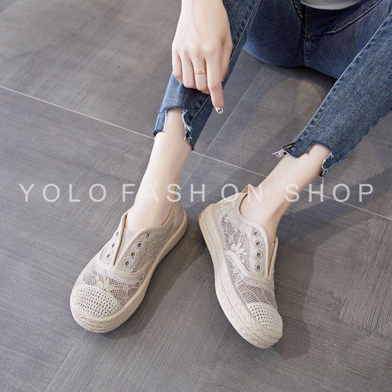 Giày lười slip on nữ dáng thể thao basic phối ren vintage siêu mềm êm chân hàng cao cấp chuẩn đẹp-GL26