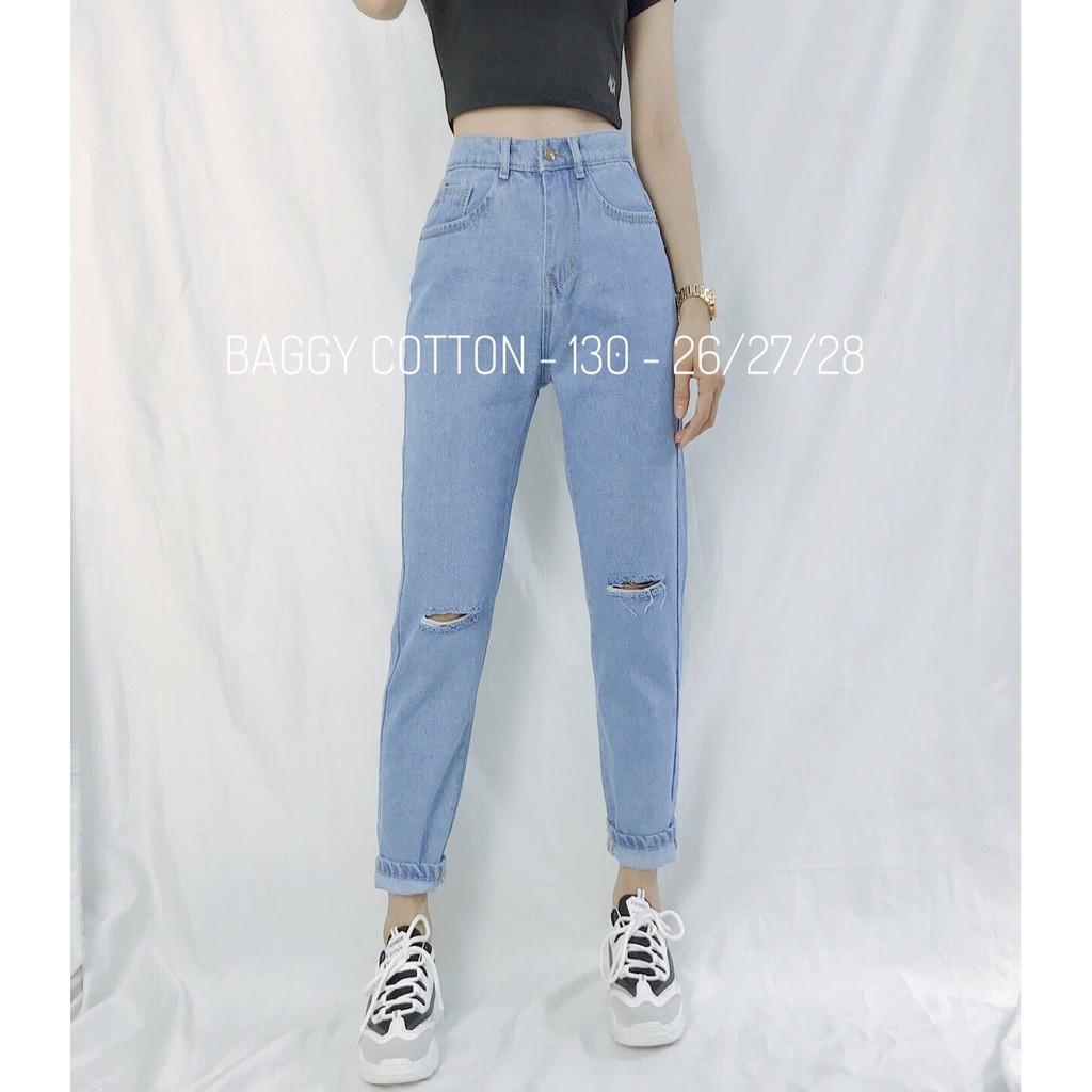 Quần jean baggy quần bò cạp cao chất cotton không co dãn màu xanh rách gối