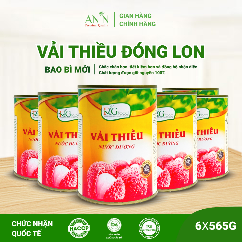 6 Lon Vải thiều ngâm nước đường AN’N loại 1 - Hộp 565gr (Date mới)