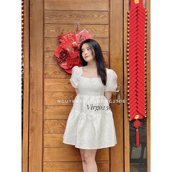 VÁY GẤM HOA NỔI TAY BỔNG CỘT DÂY LƯNG SEXY/ĐẦM GẤM HOA NỔI “lovely dress