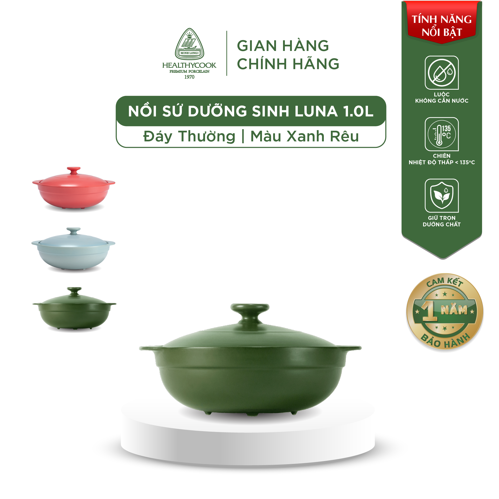 Nồi Sứ Dưỡng Sinh Minh Long Healthy Cook Luna 1.0 L - Dùng Cho Bếp Gas, Bếp Hồng Ngoại