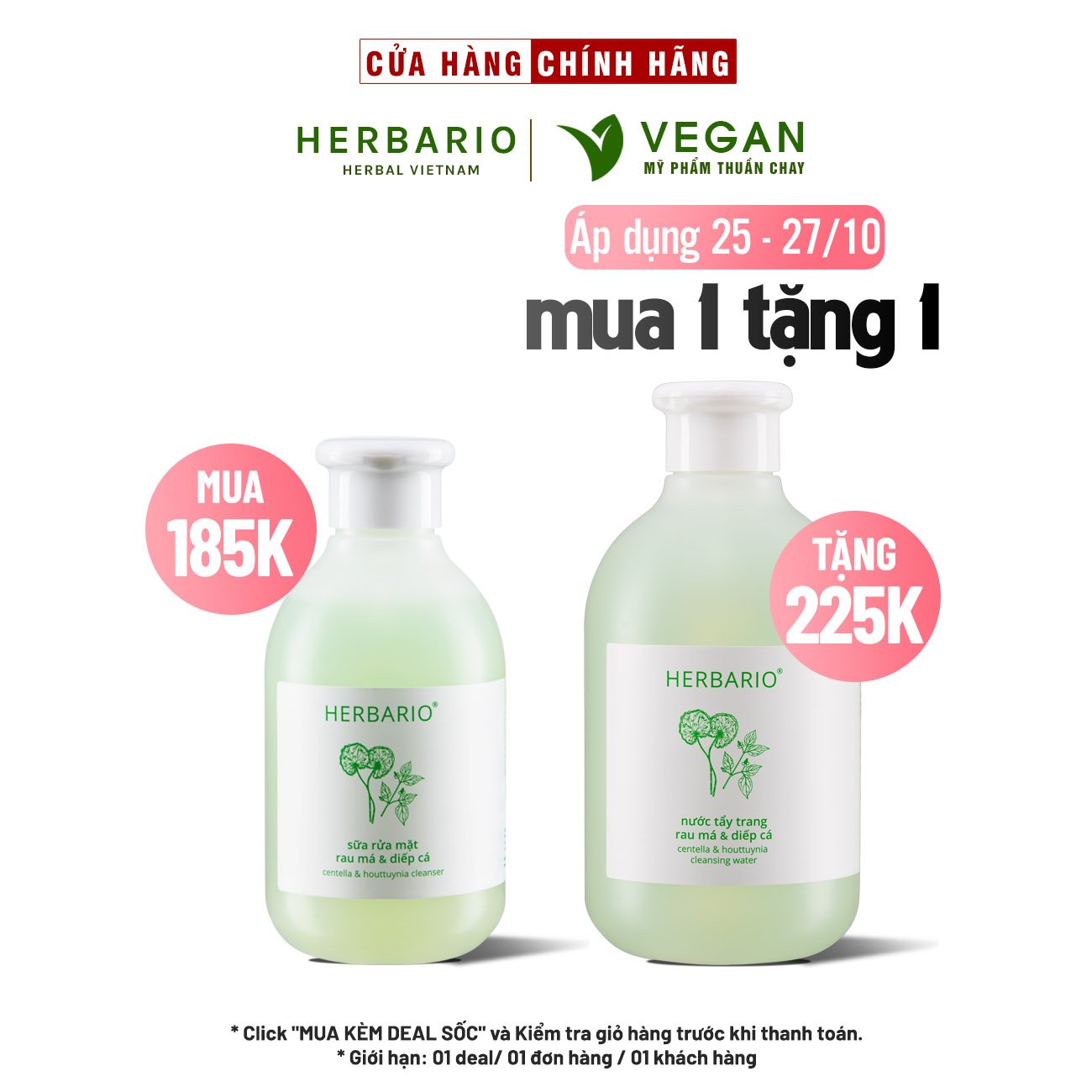 Sữa rửa mặt rau má và diếp cá Herbario 200ml thuần chay hết dầu nhờn, sạch mụn làm sạch lỗ chân lông - Vegan Mỹ phẩm thuần chay