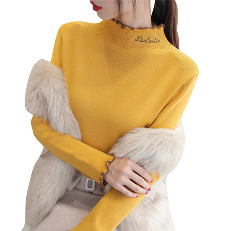 Fashion Women Winter Knitted Ruched Sweater Solid Color Turtleneck Long Sleeve Letters Slim Casual Pullover Knitwear