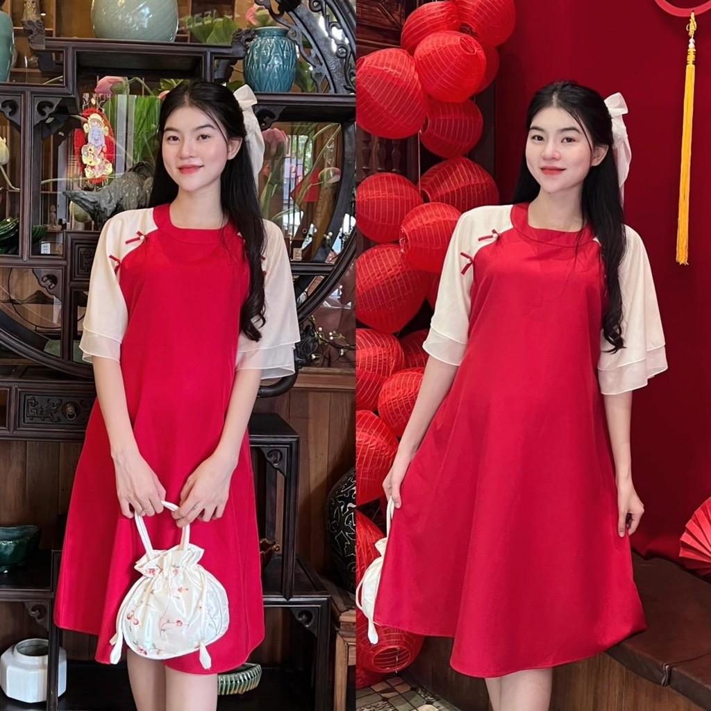 Đầm bầu thiết kế kiểu Áo dài cách tân Chất Cotton Lạnh đính nơ xinh xắn, thanh lịch - Vàng
