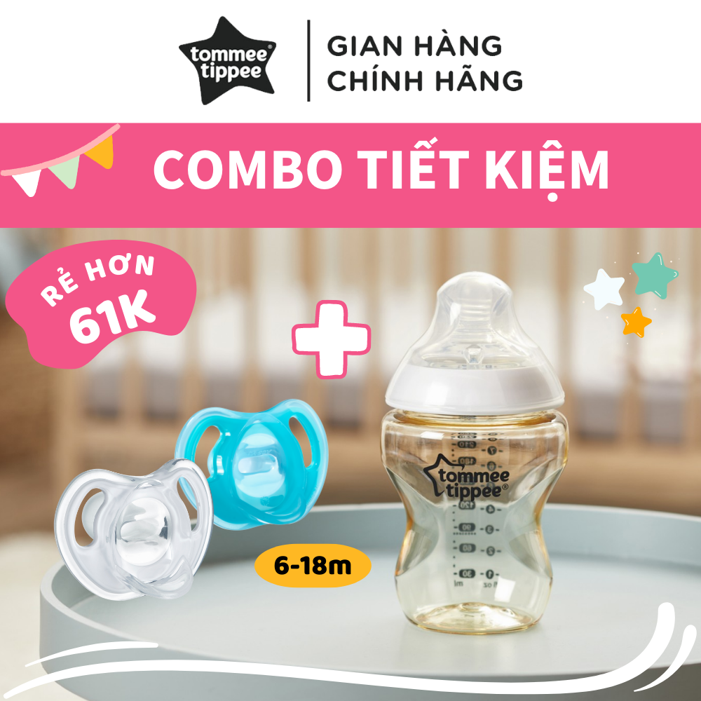 COMBO Ty Ngậm Silicon Siêu Nhẹ Tommee Tippee Ultra Light 6-18m &amp; Bình Sữa PPSU Ty Siêu Mềm Tommee Tippee 260ml