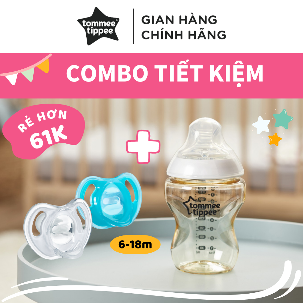 COMBO Bình sữa PPSU ty siêu mềm tự nhiên Tommee Tippee Closer to Nature 260ml &amp; Ty ngậm silicon siêu nhẹ cho bé Tommee Tippee Ultra Light 6-18 tháng (vỉ đôi) - Xanh dương/Trắng