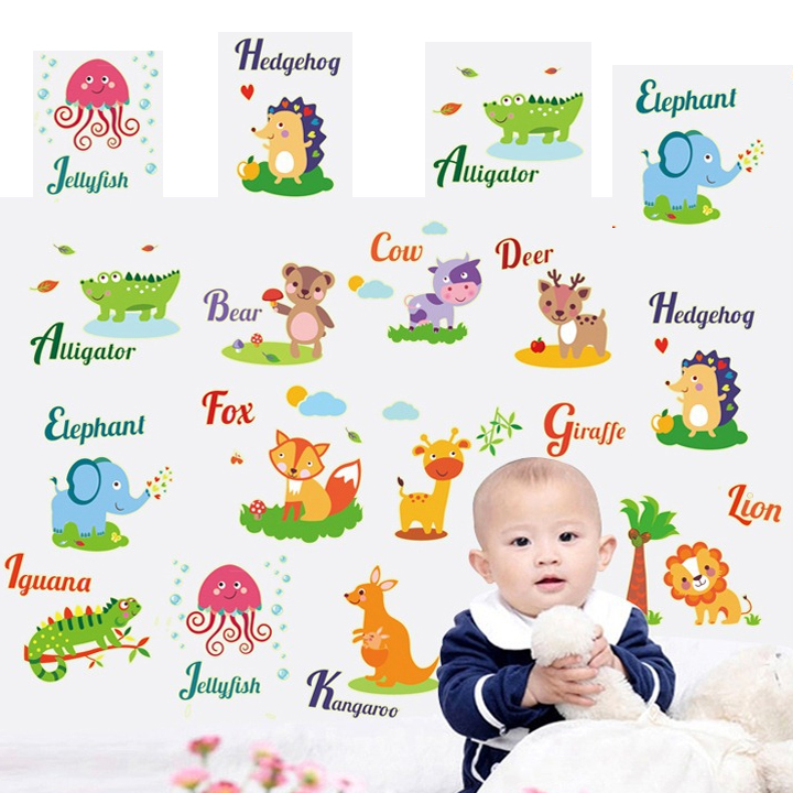 Decal dán tường dạ quang phát sáng- Thú tiếng anh dạ quang- mã sp ABQ9613