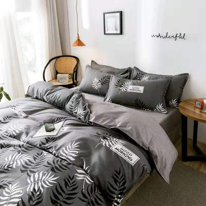 Chăn Ga Gối Đệm -Sét Chăn Ga Gối Lá Me Xám Poly Cotton