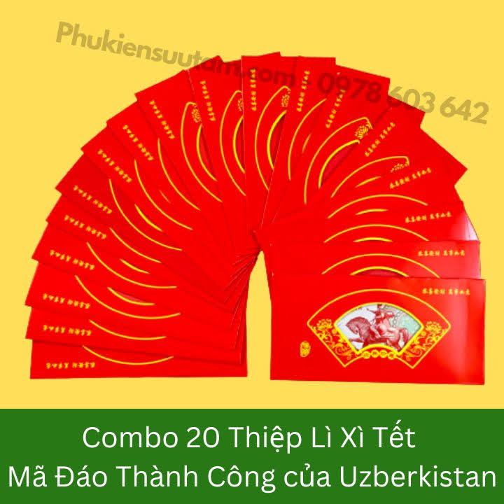 Combo 20 Thiệp Lì Xì Tết Mã Đáo Thành Công Của Uzberkistan, kích thước: 20cmx10cm, màu đỏ - SP005877