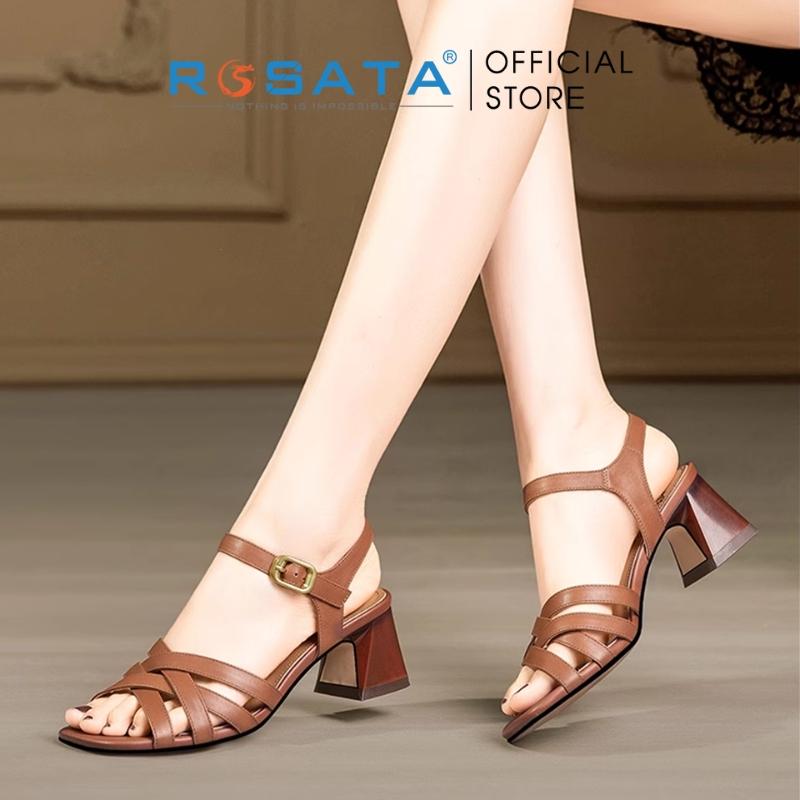 Giày sandal cao gót nữ ROSATA RO584 xỏ ngón phối dây mũi tròn quai hậu khóa cài dây mảnh gót vuông cao 5cm