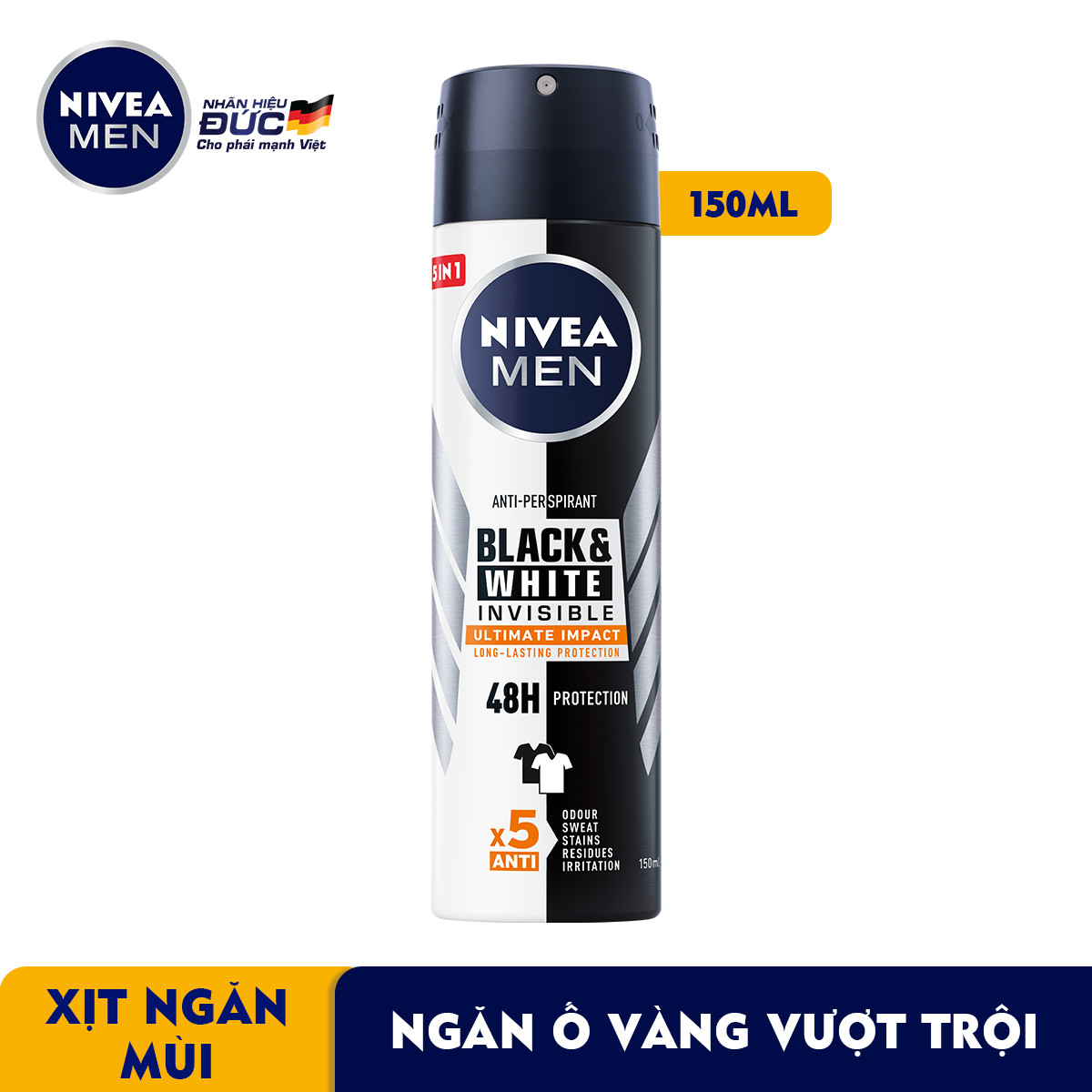 Xịt Ngăn Mùi NIVEA MEN Black & White Ngăn Vệt Ố Vàng Vượt Trội 5in1 - 85388