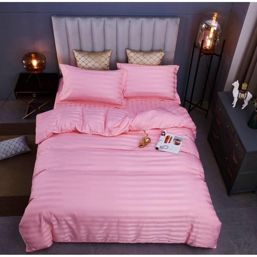 Bộ 4 Món Ga Gối SỌC 3F Vải Cotton Lụa Hàng Chuyên Cho Gia Đình Và Khách Sạn - Hồng Đậm