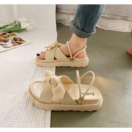 Dép Sandal Đế Bằng Cao 4Cm Đính Nơ Da Lộn Đeo Được 2 Kiểu G146