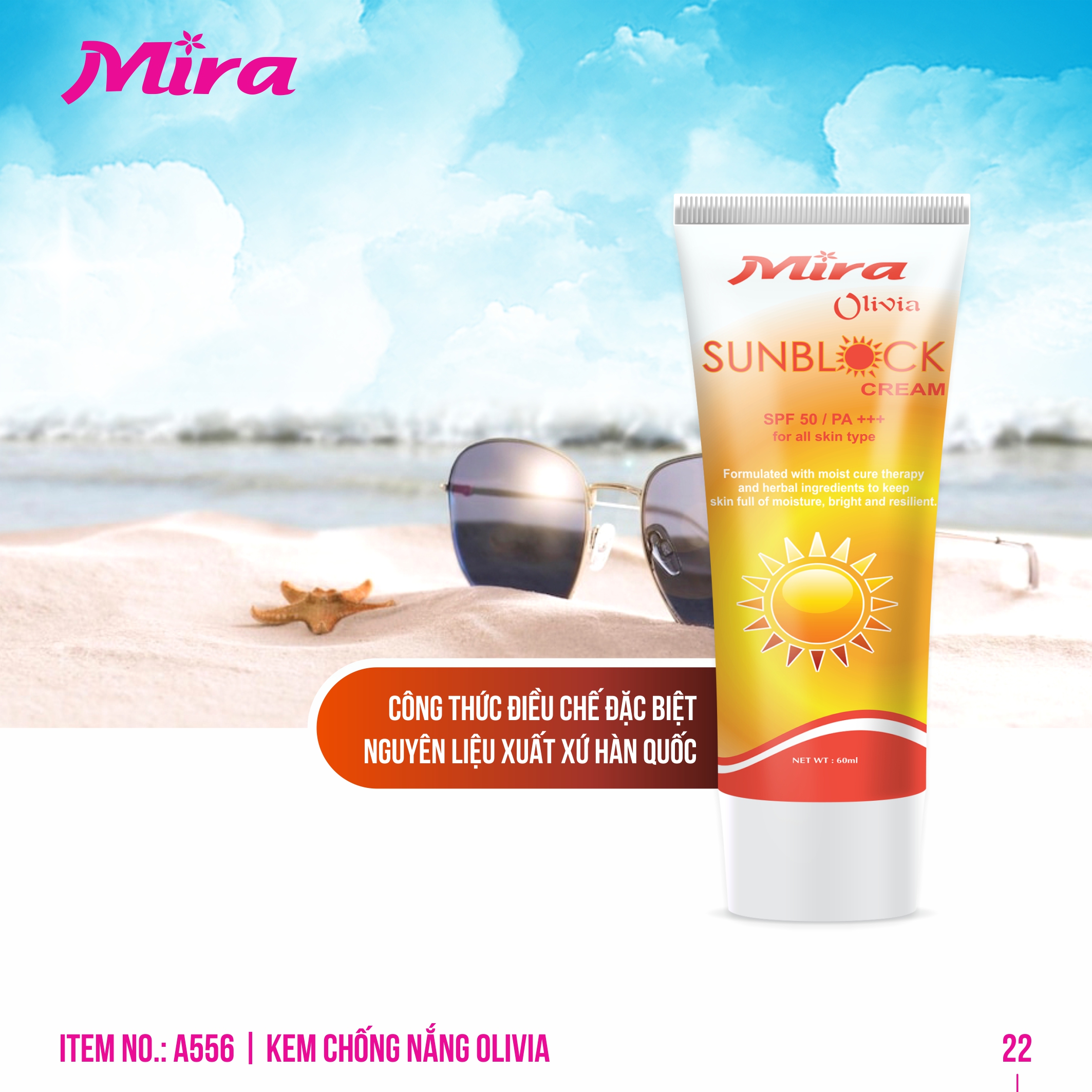 Kem Chống Nắng Olivia Mira Sun Cream SPF 50 PA+++ (New) (60ml) A556