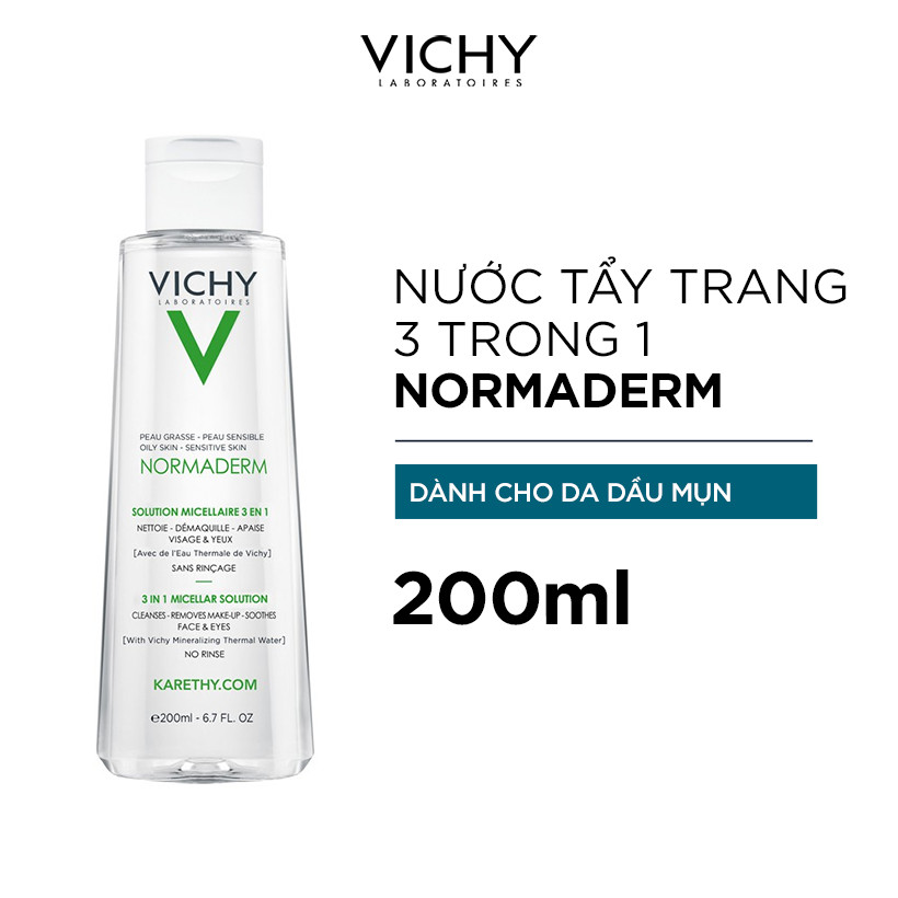 Nước Tẩy Trang Micellar 3 Trong 1 Dành Cho Da Dầu, Da Mụn Vichy Normaderm 3 In 1 Micellar Solution 200ml