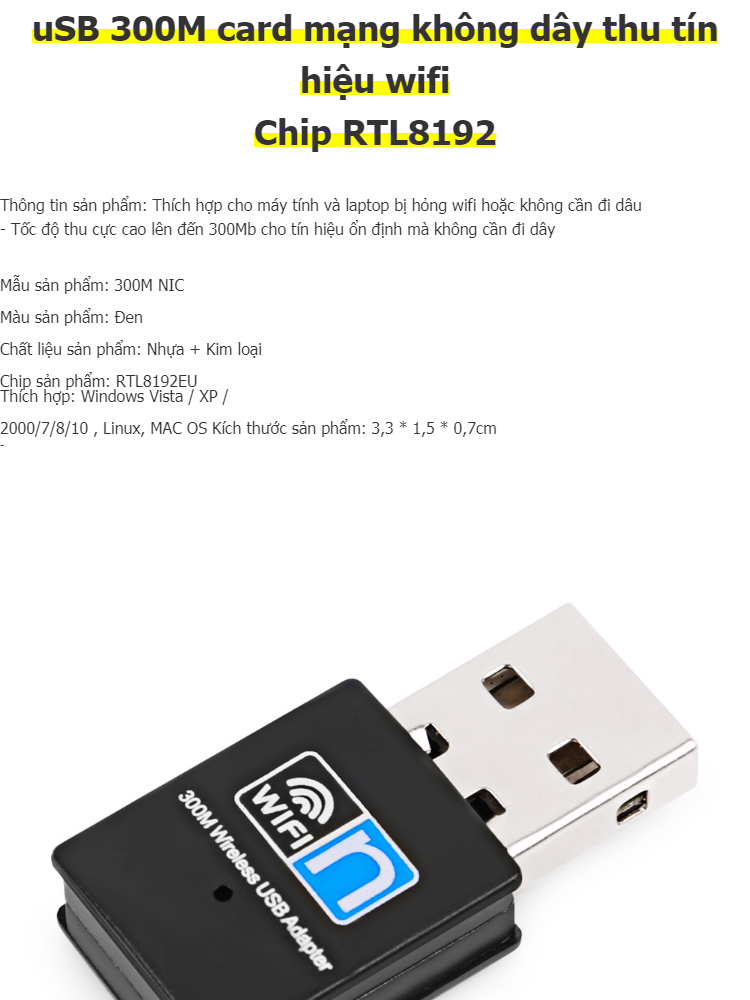 Bộ chuyển đổi Wi-Fi USB tốc độ cao 300Mbps thích hợp cho laptop bị hỏng wifi máy tính để bàn +Tặng kèm que chọc sim