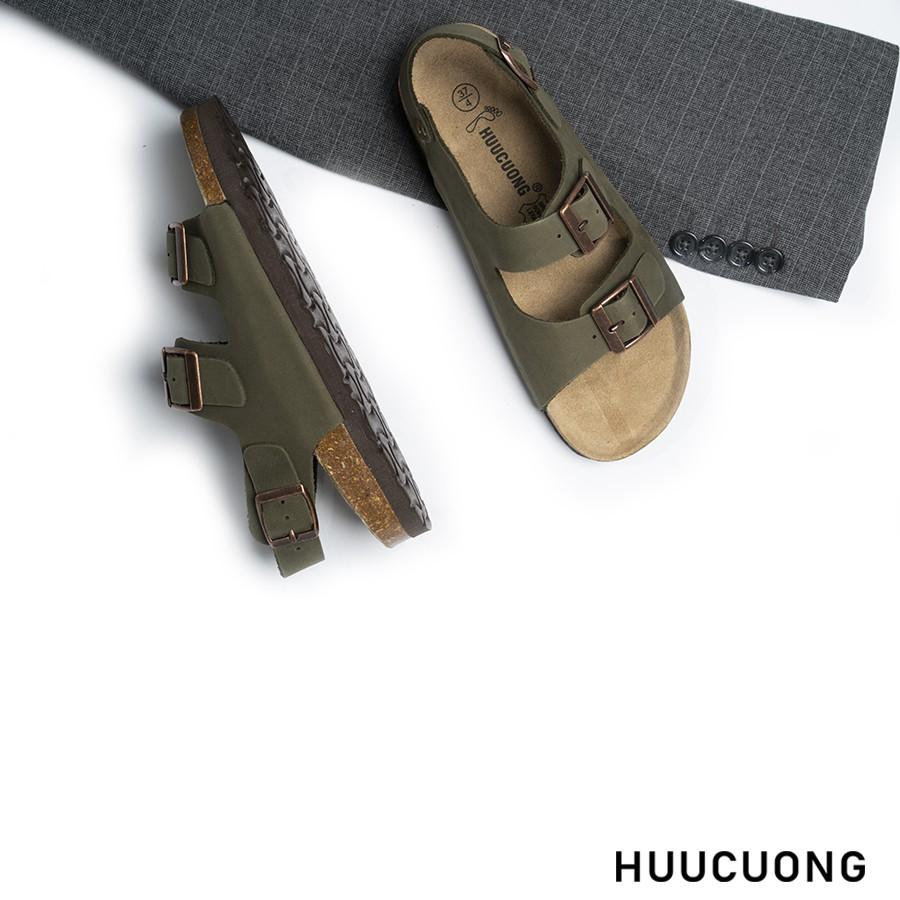 Sandal Unisex Huucuong 2 khóa da bò rêu đế trấu handmade