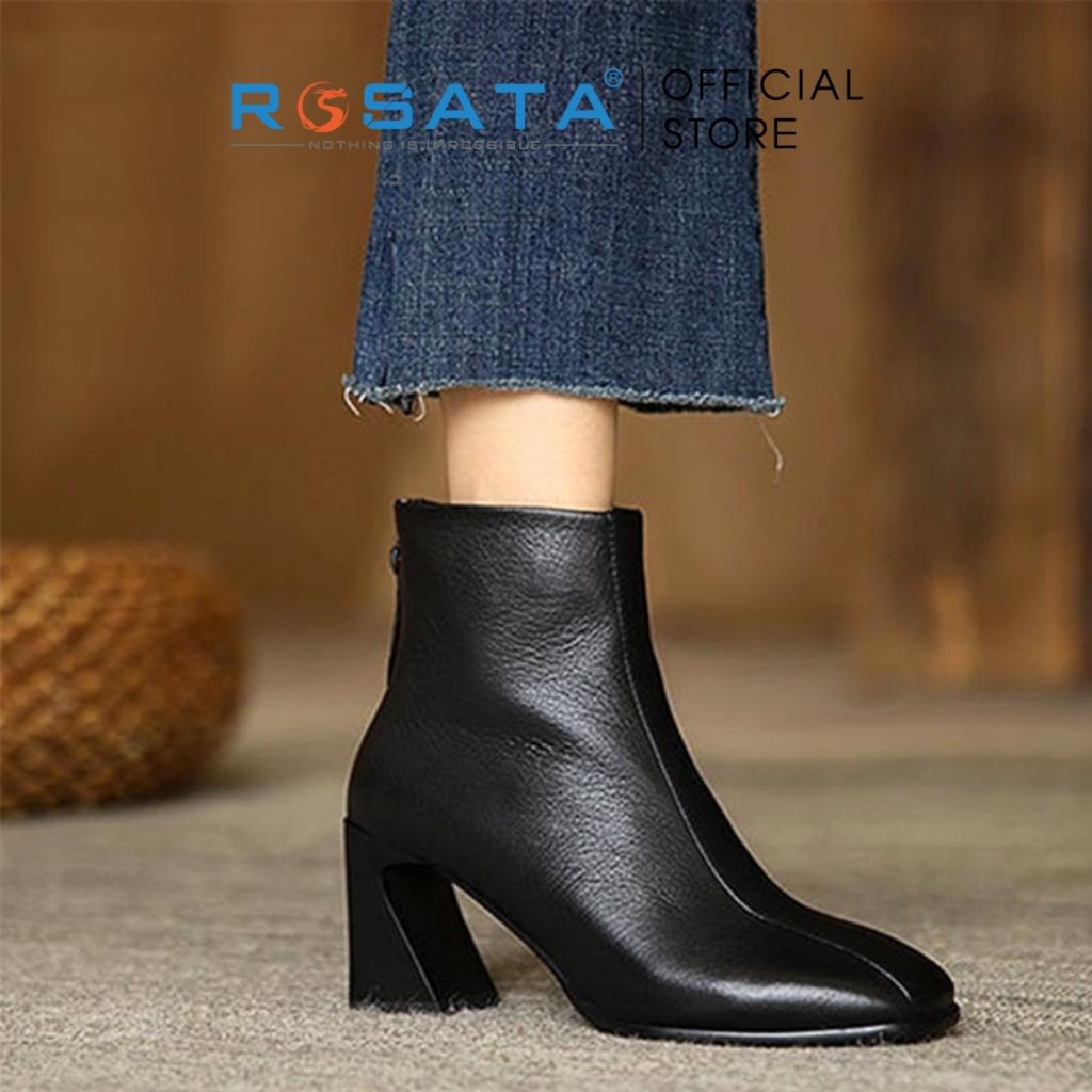 Giày bốt nữ ROSATA RO369 cổ cao mũi nhọn êm chân khóa kéo gót cao 7cm màu đen xuất xứ Việt Nam - Đen