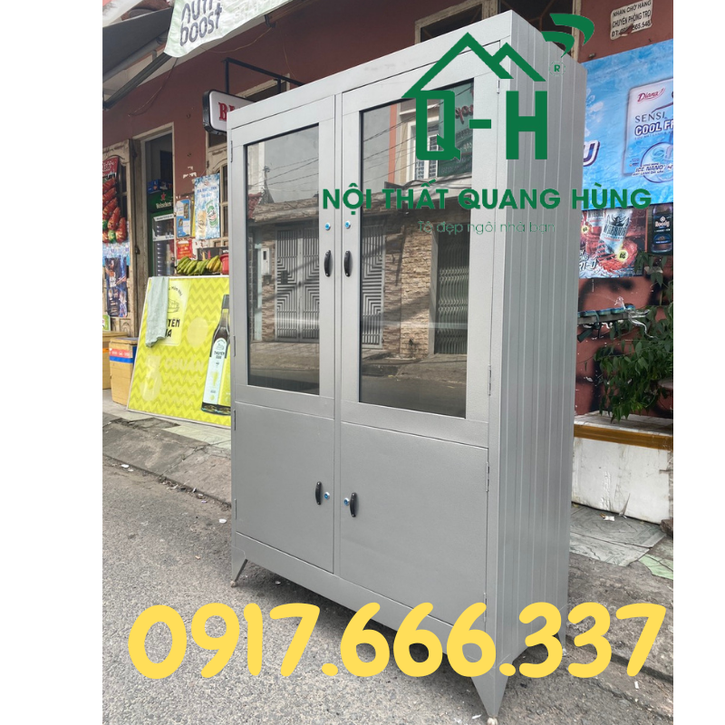 TỦ HỒ SƠ KÍNH SƠN DẦU MÀU XÁM GHI DÀNH CHO VĂN PHÒNG 1M8X1M2X45CM