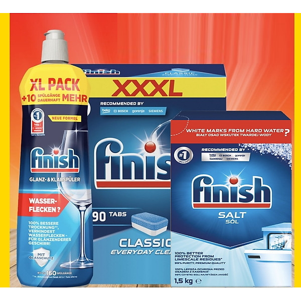 COMBO FINISH: Viên rửa bát Finish Classic 110 viên + Muối 1,2kg + Nước làm bóng 750ml