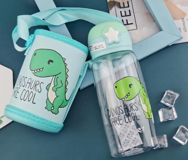 Bình nước nhựa Nắp bật kèm ống hút tiện lợi họa tiết khủng long đáng yêu 700ml