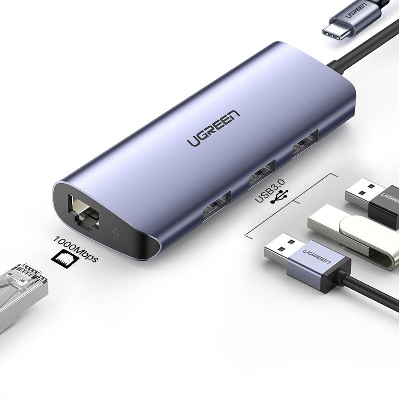 Bộ chuyển cổng Type C Ugreen 252LA60717CM 5 trong 1 màu xám 4K HDMI + Gigabit LAN + 3 x USB 3.0 chuẩn A + PD 60W hàng chính hãng