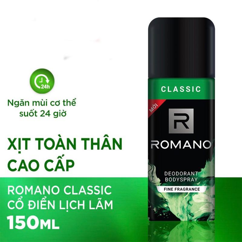 Combo Romano Classic: Xịt khử mùi toàn thân 150ml+ Nước hoa bỏ túi 18ml