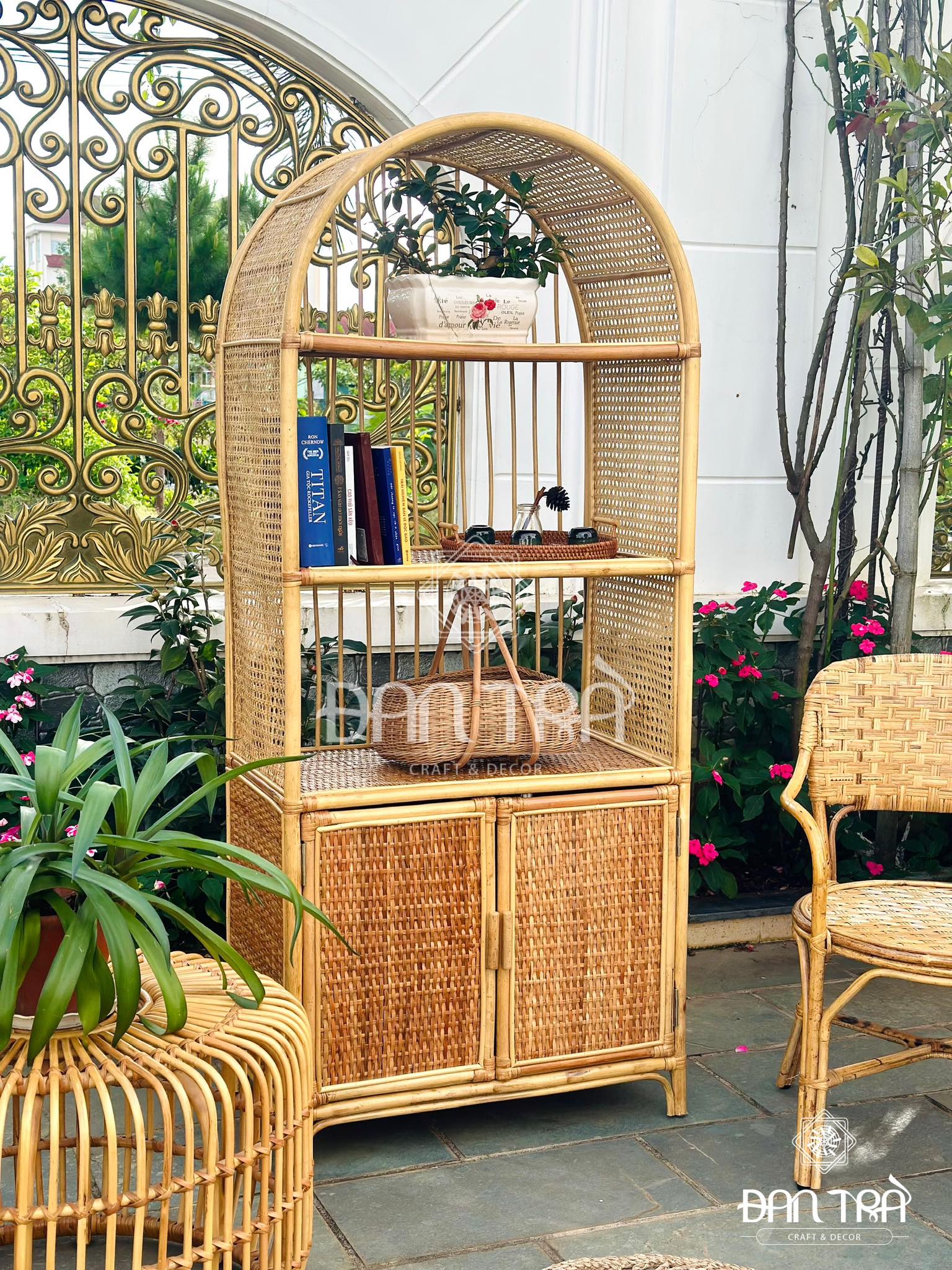 Tủ Mây Đựng Sách Đan Trà- Tủ Mây Decor Vintage- Tủ Mây Mắt Cáo Đan Trà- Nội Thất Mây Tre Đan Trà