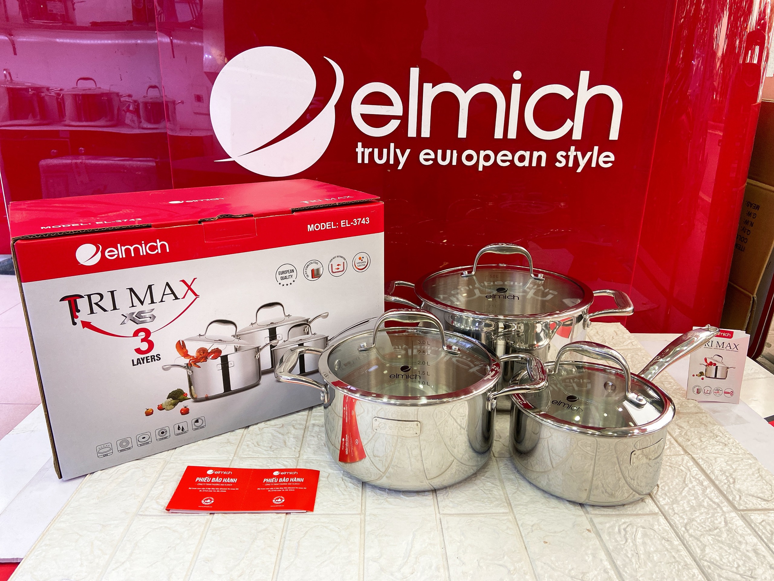 Bộ nồi elmich Inox cao cấp 3 lớp đáy liền Trimax XS EL-3743 size 16, 20, 24cm