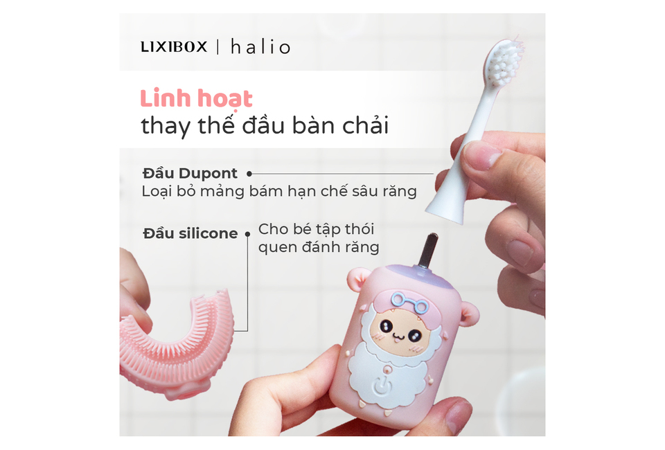 Combo Bàn Chải Điện + 1 Đầu Bàn Chải Cho Bé Halio Smart Sonic U-Shaped Toothbrush