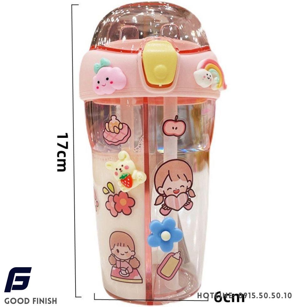 Bình nước 2 ngăn dễ thương cho bé yêu tặng kèm sticker 2d, 3d và co rửa ống hút FG Good Finish .Có dây đeo đồng màu đẹp mắt.