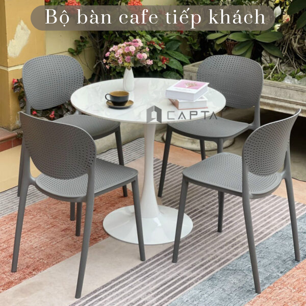 Bộ bàn cafe tiếp khách văn phòng Bộ bàn ăn tròn mặt đá 4 ghế nhựa xếp chồng nhỏ gọn SL TULIP 2-08E3 / CAT