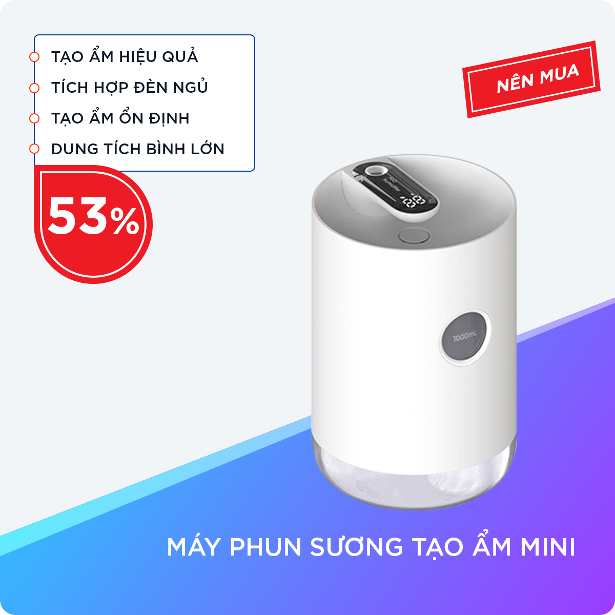 Máy Phun Sương Tạo Ẩm Mini Dung Tích Bình Chứa 1 Lít, Phạm Vi Khuếch Tán 5-10m2 Với Nút Nhấn Cảm Ứng Tiện Lợi