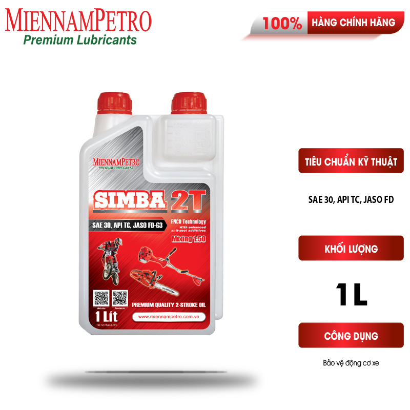 Dầu Nhớt MiennamPetro Simba 2T SAE 30 API TC JASO FD-63 1L Dành Cho Động Cơ Và Xe Máy 2 Thì Chất Lượng Cao