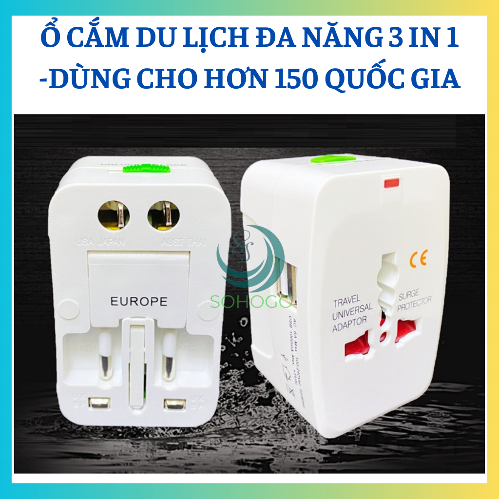 Ổ cắm điện du lịch 3 in 1 đa năng, dùng cho toàn cầu-Phích cắm chuyển đổi du lịch quốc tế Adapter